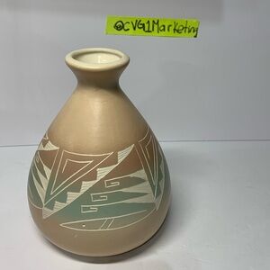 Navajo Hozoni Painted & Etched Pottery Vase - Pink, Teal Geometric, Signed